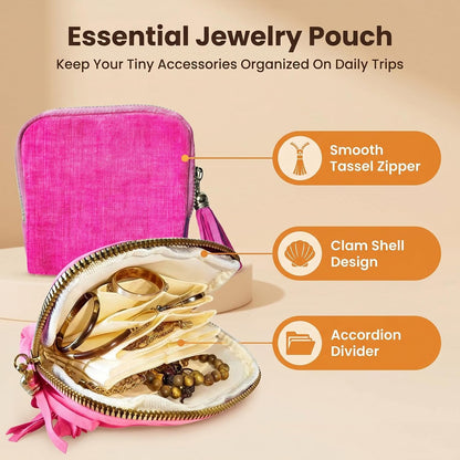 Travel Jewelry Case Soft Velvet Organizer Pouch 6 Layer Zipper Portable Jewelry Bag for Bracelet Rings Earrings Necklace Bangle Tangle-Free Storage Mini Travel Case Women Gifts-Red