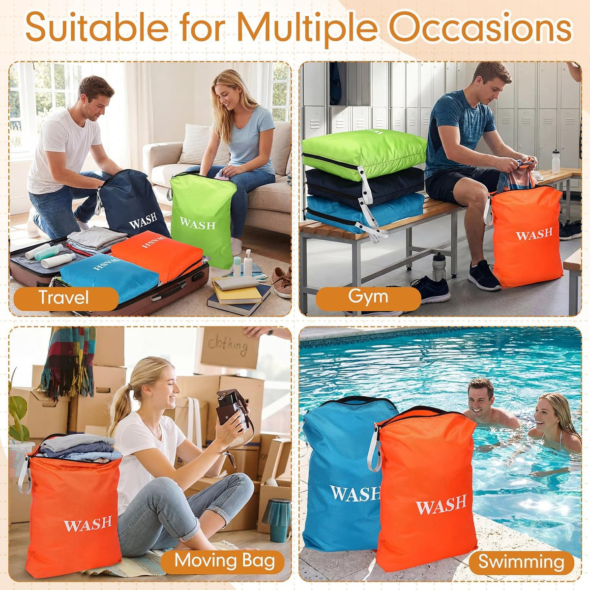 4 Pcs Travel Laundry Bags Bulk 22 x 14 Inch Washable Waterproof Wet Dry Bag for Dirty Clothes Gym Foldable Organizer with Zipper Travel Accessories for Swimming Yoga Bathing Suit Workout