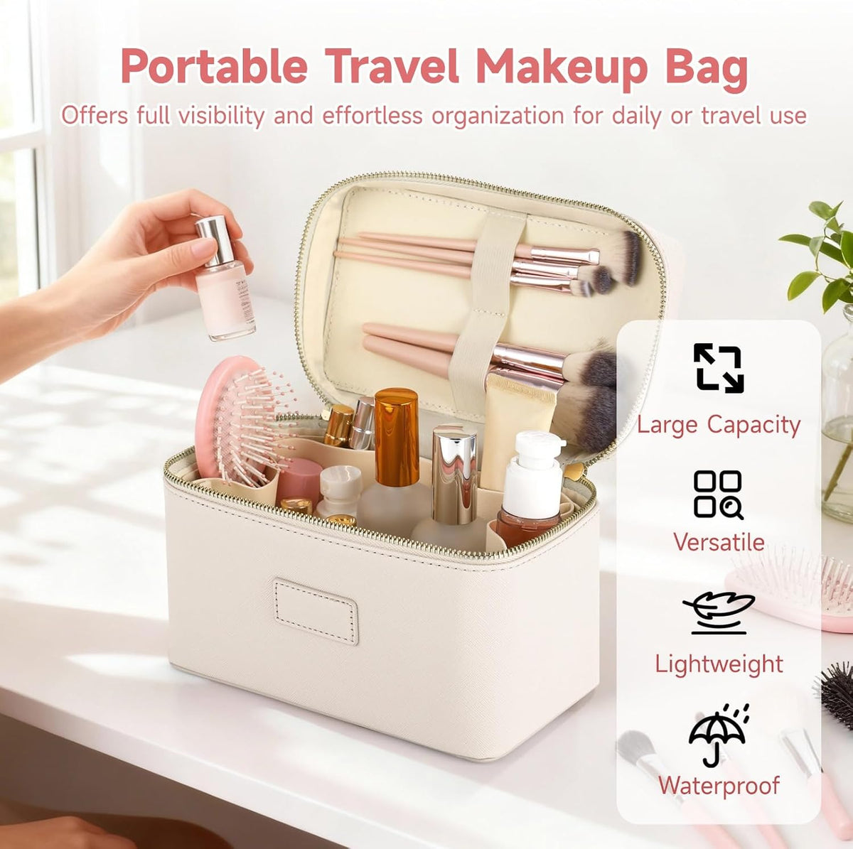 Makeup Vanity Bag for Women - Large Capacity Cosmetic Organizer with Removable Liner, Waterproof PU Leather Skincare Bag, Portable Chic Cosmetic Make Up Case for Skincare, Accessories,StyleB, Brown