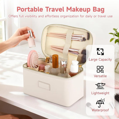 Makeup Vanity Bag for Women - Large Capacity Cosmetic Organizer with Removable Liner, Waterproof PU Leather Skincare Bag, Portable Chic Cosmetic Make Up Case for Skincare, Accessories,StyleB, Brown