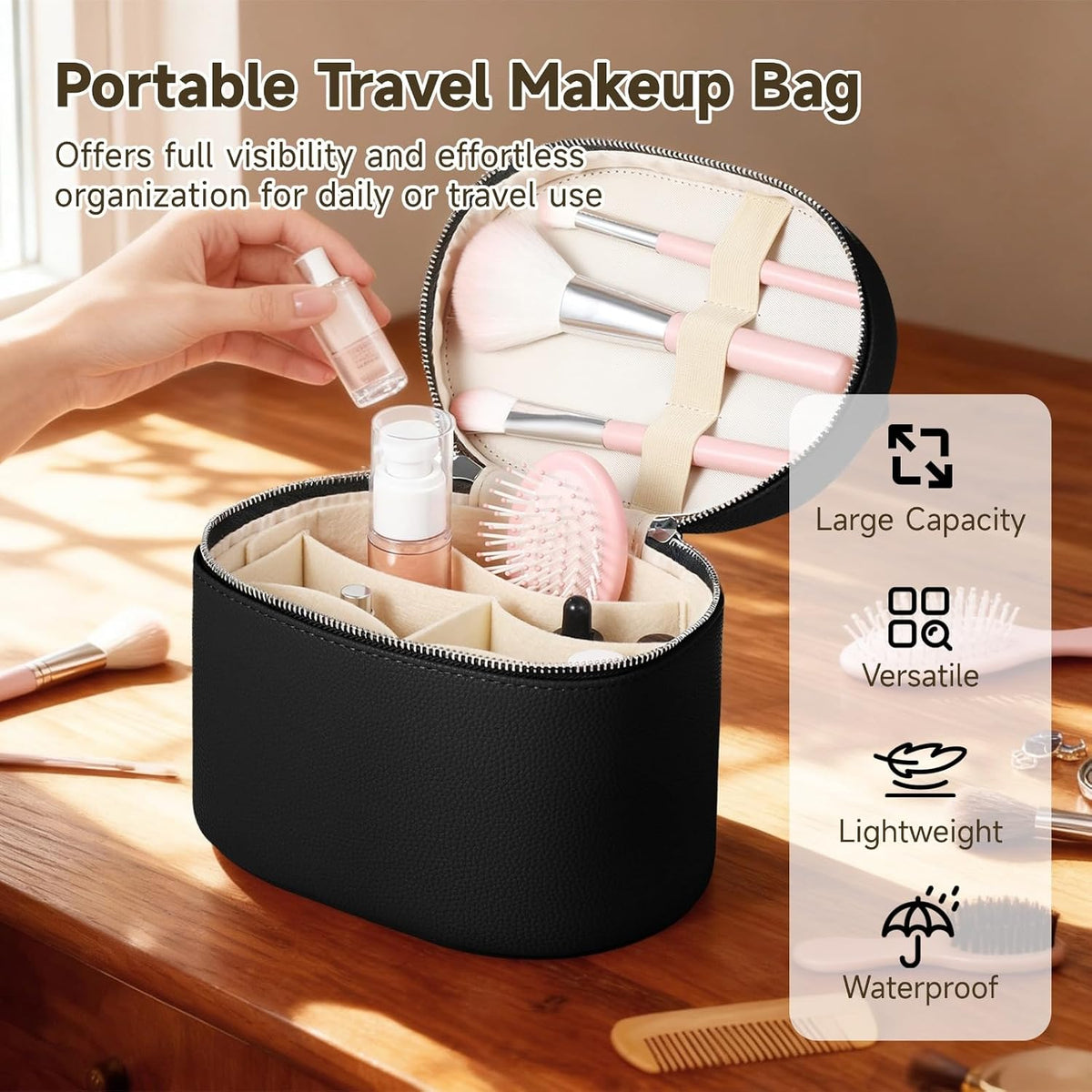 Makeup Vanity Bag for Women - Large Capacity Cosmetic Organizer with Removable Liner, Waterproof PU Leather Skincare Bag, Portable Chic Cosmetic Make Up Case for Skincare, Accessories,StyleB, Brown