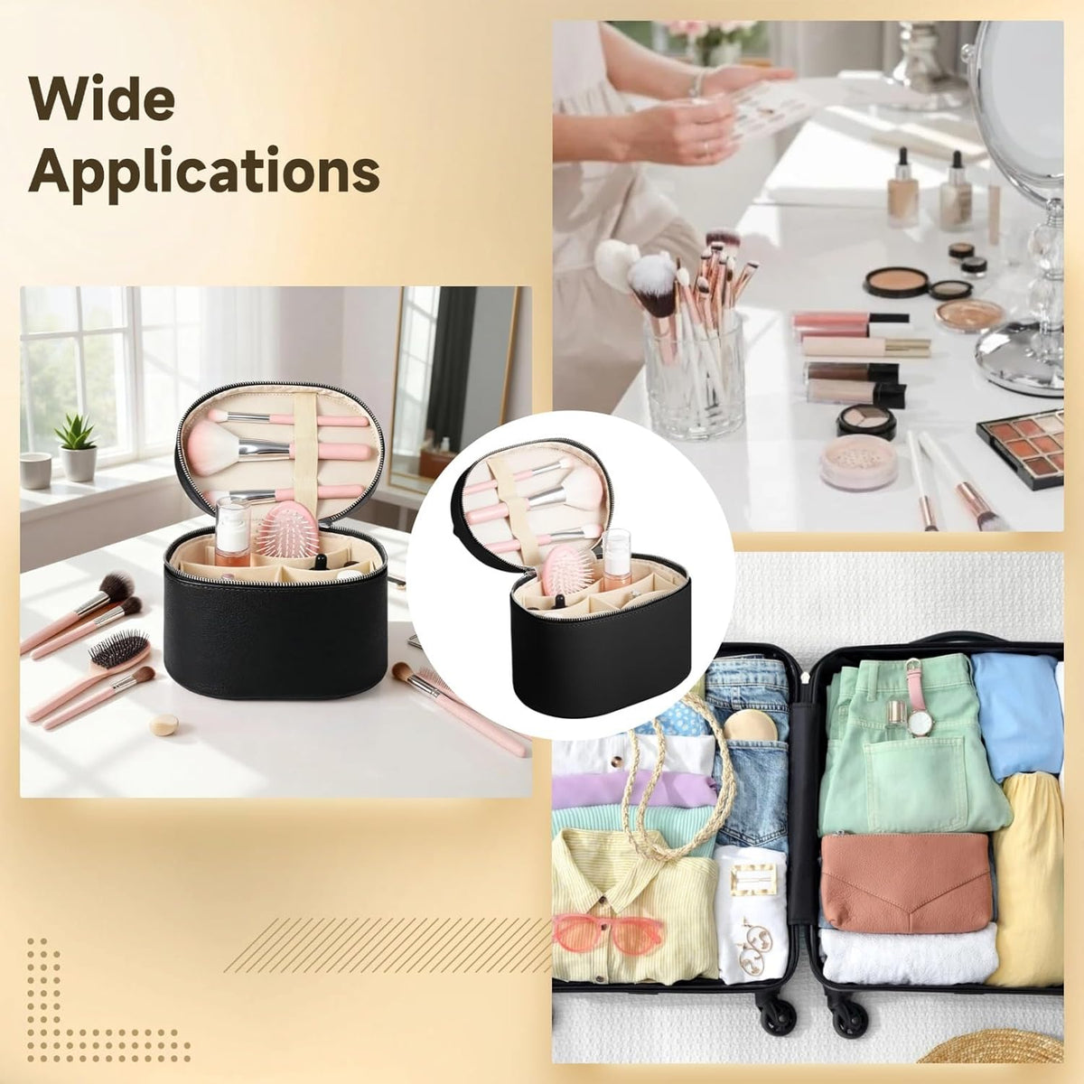 Makeup Vanity Bag for Women - Large Capacity Cosmetic Organizer with Removable Liner, Waterproof PU Leather Skincare Bag, Portable Chic Cosmetic Make Up Case for Skincare, Accessories,StyleB, Brown