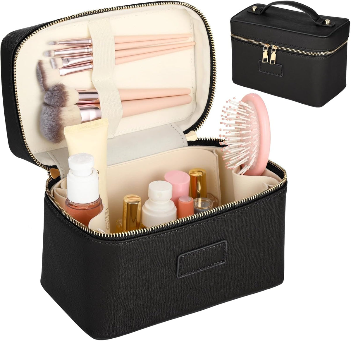Makeup Vanity Bag for Women - Large Capacity Cosmetic Organizer with Removable Liner, Waterproof PU Leather Skincare Bag, Portable Chic Cosmetic Make Up Case for Skincare, Accessories,StyleB, Brown