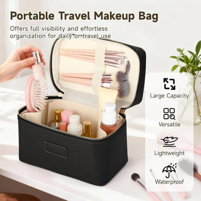 Makeup Vanity Bag for Women - Large Capacity Cosmetic Organizer with Removable Liner, Waterproof PU Leather Skincare Bag, Portable Chic Cosmetic Make Up Case for Skincare, Accessories,StyleB, Brown