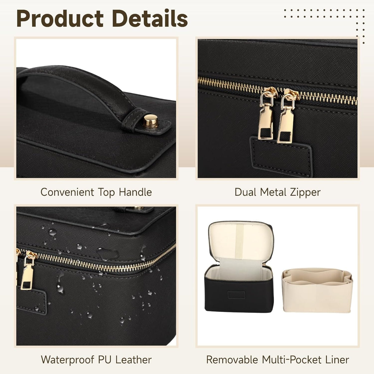 Makeup Vanity Bag for Women - Large Capacity Cosmetic Organizer with Removable Liner, Waterproof PU Leather Skincare Bag, Portable Chic Cosmetic Make Up Case for Skincare, Accessories,StyleB, Brown