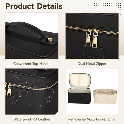 Makeup Vanity Bag for Women - Large Capacity Cosmetic Organizer with Removable Liner, Waterproof PU Leather Skincare Bag, Portable Chic Cosmetic Make Up Case for Skincare, Accessories,StyleB, Brown