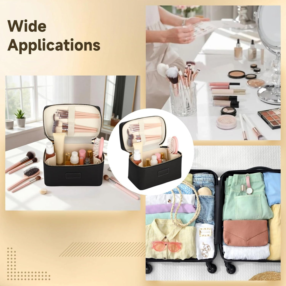 Makeup Vanity Bag for Women - Large Capacity Cosmetic Organizer with Removable Liner, Waterproof PU Leather Skincare Bag, Portable Chic Cosmetic Make Up Case for Skincare, Accessories,StyleB, Brown