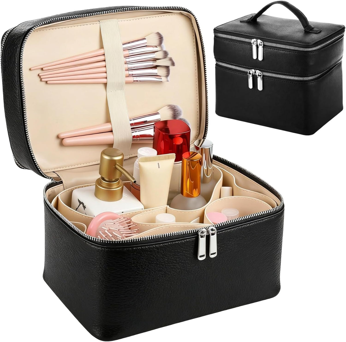 Makeup Vanity Bag for Women - Large Capacity Cosmetic Organizer with Removable Liner, Waterproof PU Leather Skincare Bag, Portable Chic Cosmetic Make Up Case for Skincare, Accessories,StyleB, Brown