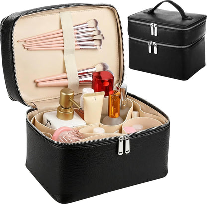 Makeup Vanity Bag for Women - Large Capacity Cosmetic Organizer with Removable Liner, Waterproof PU Leather Skincare Bag, Portable Chic Cosmetic Make Up Case for Skincare, Accessories,StyleB, Brown
