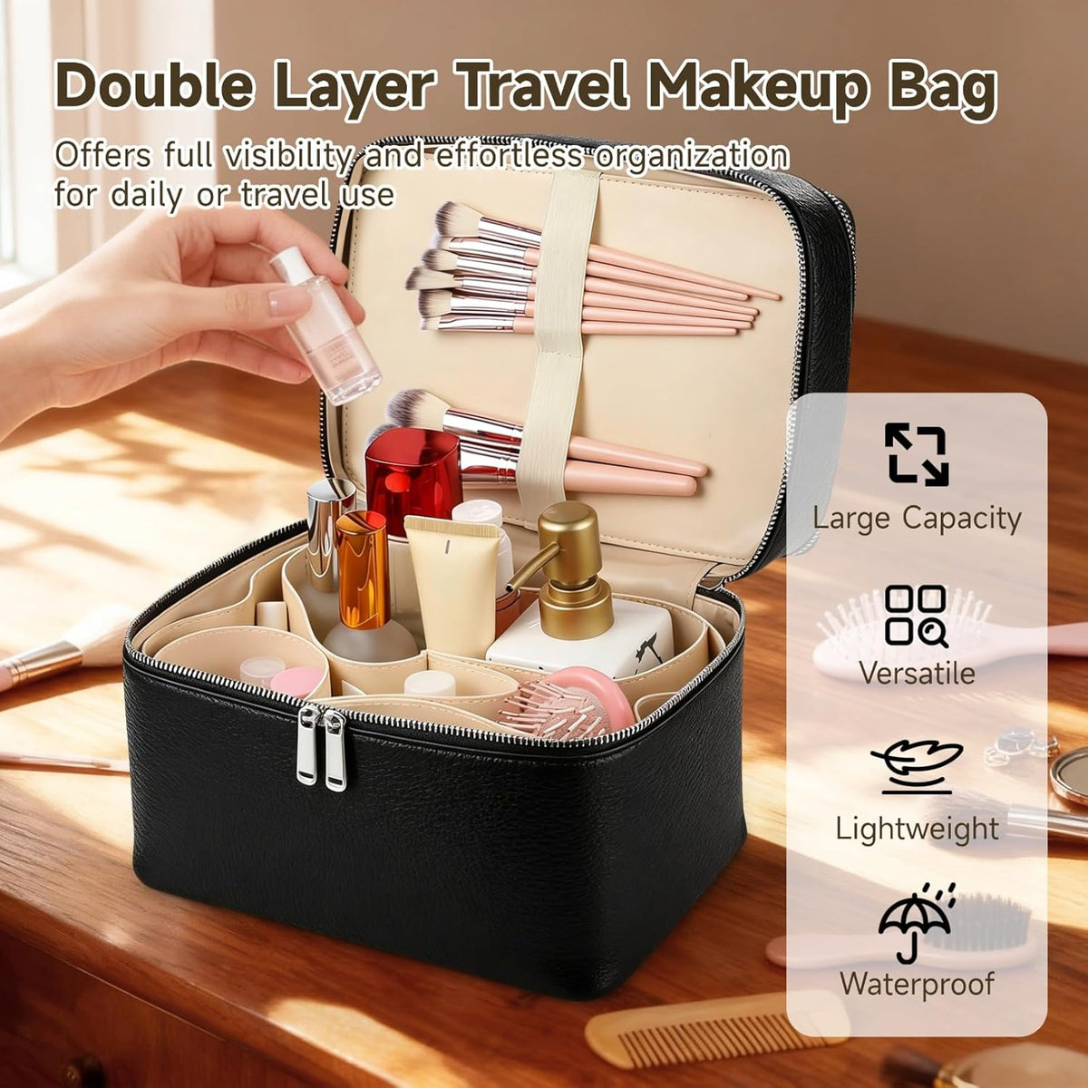 Makeup Vanity Bag for Women - Large Capacity Cosmetic Organizer with Removable Liner, Waterproof PU Leather Skincare Bag, Portable Chic Cosmetic Make Up Case for Skincare, Accessories,StyleB, Brown