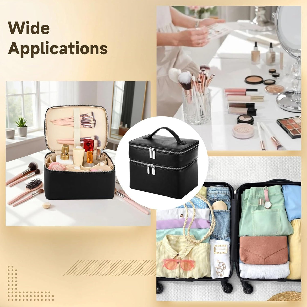 Makeup Vanity Bag for Women - Large Capacity Cosmetic Organizer with Removable Liner, Waterproof PU Leather Skincare Bag, Portable Chic Cosmetic Make Up Case for Skincare, Accessories,StyleB, Brown