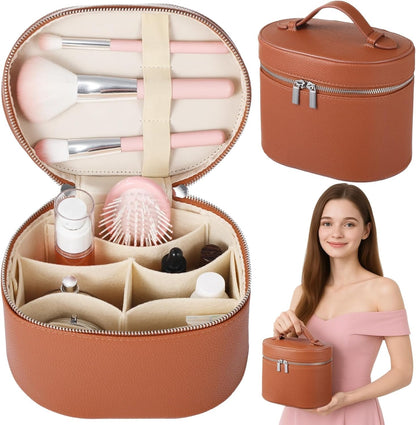 Makeup Vanity Bag for Women - Large Capacity Cosmetic Organizer with Removable Liner, Waterproof PU Leather Skincare Bag, Portable Chic Cosmetic Make Up Case for Skincare, Accessories,StyleB, Brown