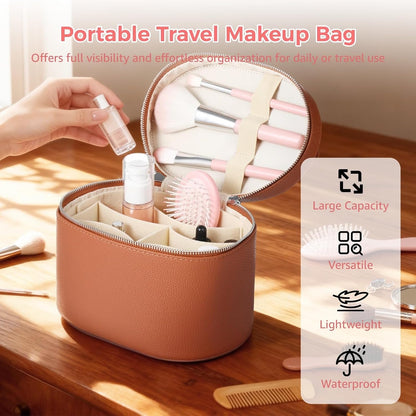 Makeup Vanity Bag for Women - Large Capacity Cosmetic Organizer with Removable Liner, Waterproof PU Leather Skincare Bag, Portable Chic Cosmetic Make Up Case for Skincare, Accessories,StyleB, Brown