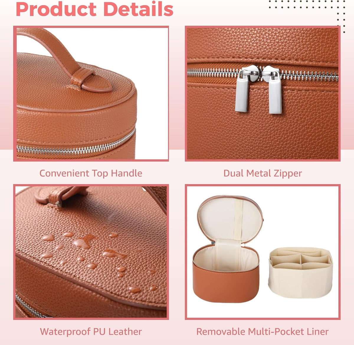 Makeup Vanity Bag for Women - Large Capacity Cosmetic Organizer with Removable Liner, Waterproof PU Leather Skincare Bag, Portable Chic Cosmetic Make Up Case for Skincare, Accessories,StyleB, Brown
