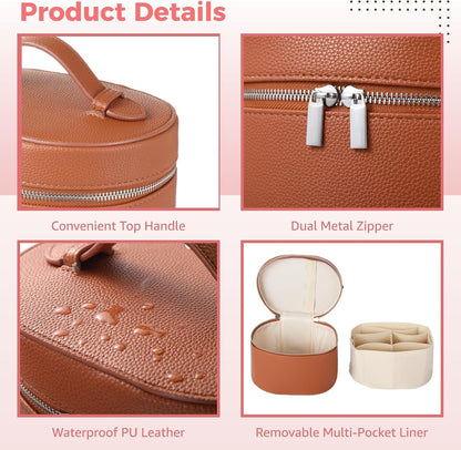 Makeup Vanity Bag for Women - Large Capacity Cosmetic Organizer with Removable Liner, Waterproof PU Leather Skincare Bag, Portable Chic Cosmetic Make Up Case for Skincare, Accessories,StyleB, Brown