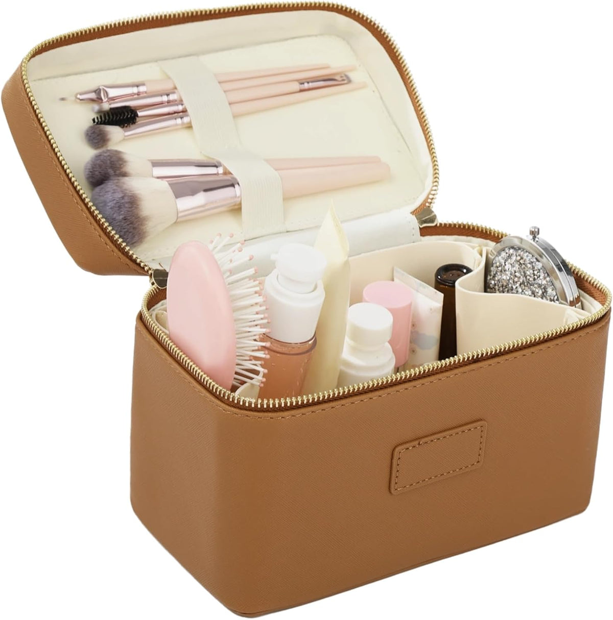 Makeup Vanity Bag for Women - Large Capacity Cosmetic Organizer with Removable Liner, Waterproof PU Leather Skincare Bag, Portable Chic Cosmetic Make Up Case for Skincare, Accessories,StyleB, Brown
