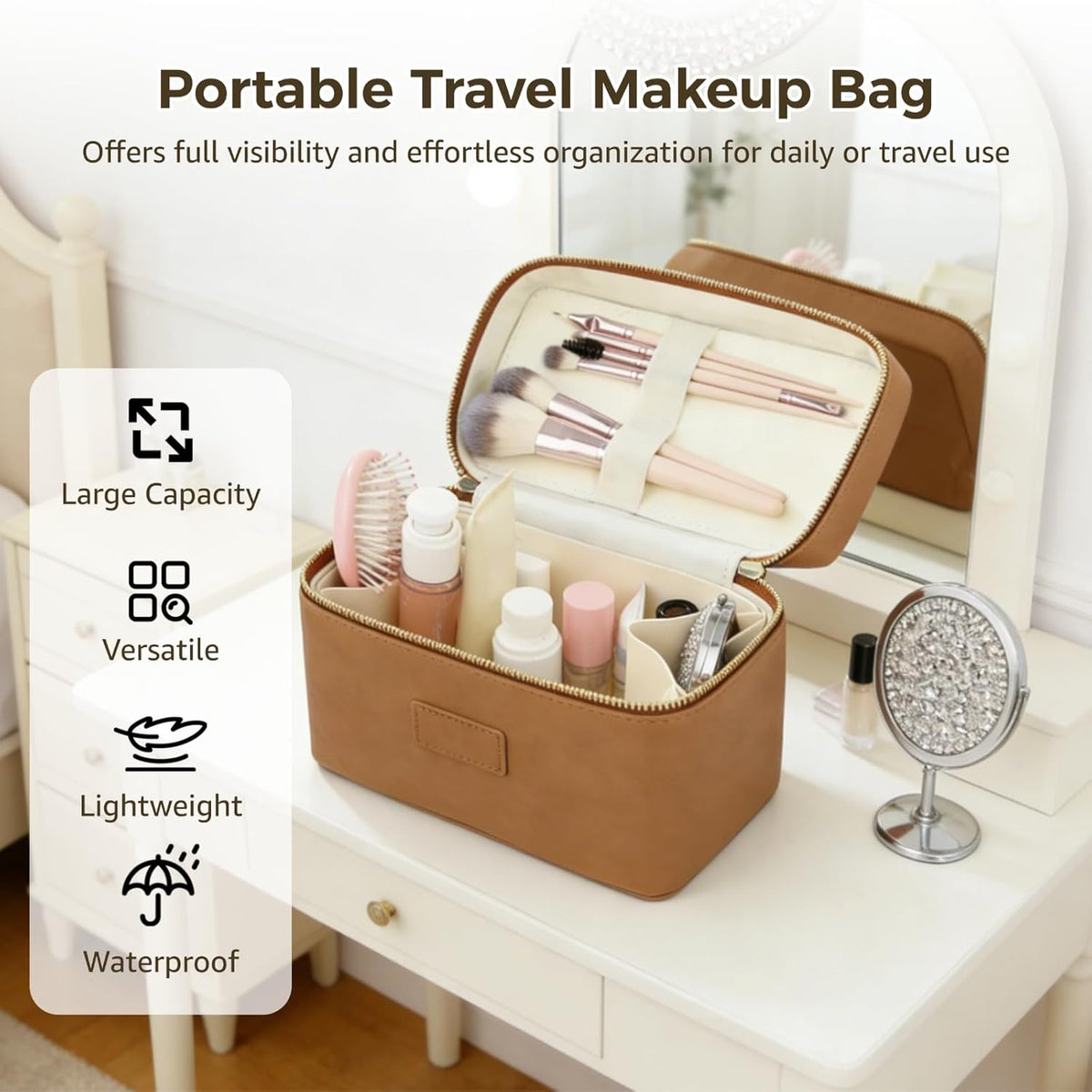 Makeup Vanity Bag for Women - Large Capacity Cosmetic Organizer with Removable Liner, Waterproof PU Leather Skincare Bag, Portable Chic Cosmetic Make Up Case for Skincare, Accessories,StyleB, Brown