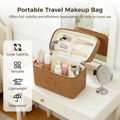 Makeup Vanity Bag for Women - Large Capacity Cosmetic Organizer with Removable Liner, Waterproof PU Leather Skincare Bag, Portable Chic Cosmetic Make Up Case for Skincare, Accessories,StyleB, Brown