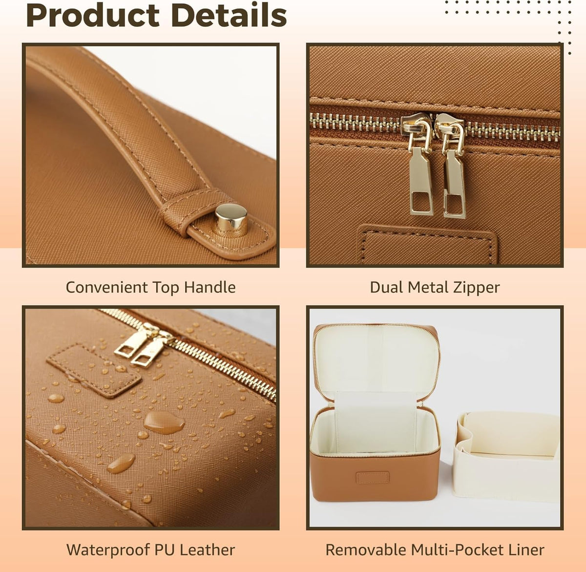 Makeup Vanity Bag for Women - Large Capacity Cosmetic Organizer with Removable Liner, Waterproof PU Leather Skincare Bag, Portable Chic Cosmetic Make Up Case for Skincare, Accessories,StyleB, Brown