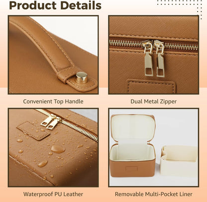 Makeup Vanity Bag for Women - Large Capacity Cosmetic Organizer with Removable Liner, Waterproof PU Leather Skincare Bag, Portable Chic Cosmetic Make Up Case for Skincare, Accessories,StyleB, Brown