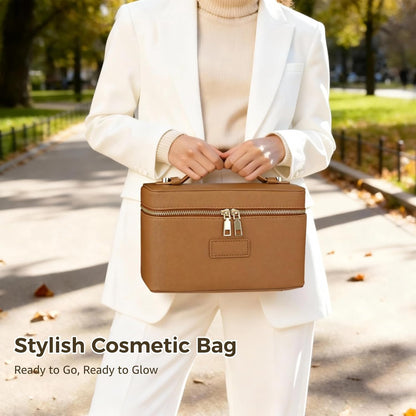 Makeup Vanity Bag for Women - Large Capacity Cosmetic Organizer with Removable Liner, Waterproof PU Leather Skincare Bag, Portable Chic Cosmetic Make Up Case for Skincare, Accessories,StyleB, Brown
