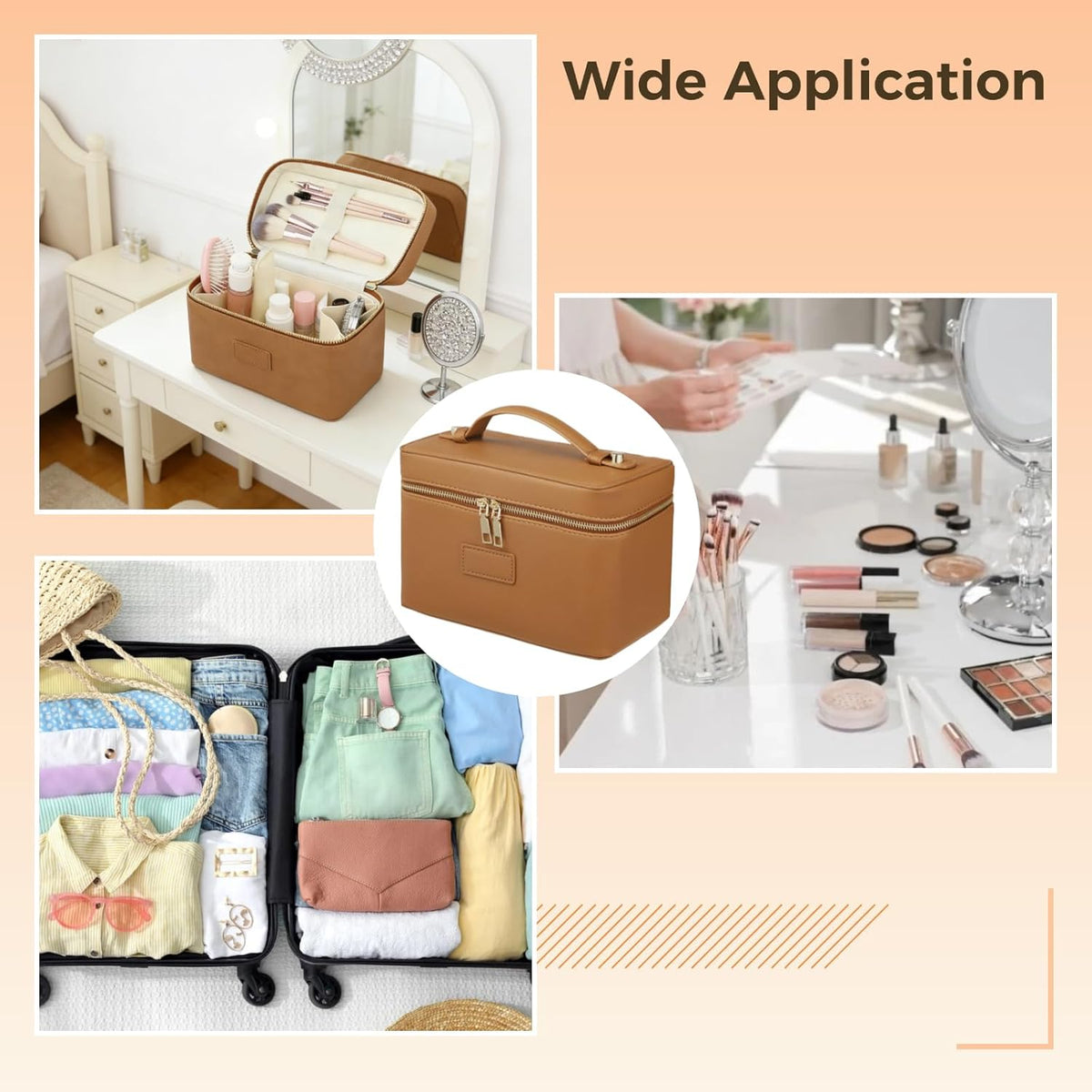 Makeup Vanity Bag for Women - Large Capacity Cosmetic Organizer with Removable Liner, Waterproof PU Leather Skincare Bag, Portable Chic Cosmetic Make Up Case for Skincare, Accessories,StyleB, Brown