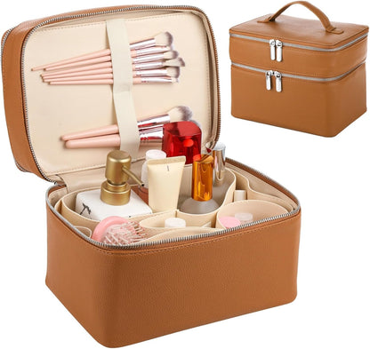 Makeup Vanity Bag for Women - Large Capacity Cosmetic Organizer with Removable Liner, Waterproof PU Leather Skincare Bag, Portable Chic Cosmetic Make Up Case for Skincare, Accessories,StyleB, Brown