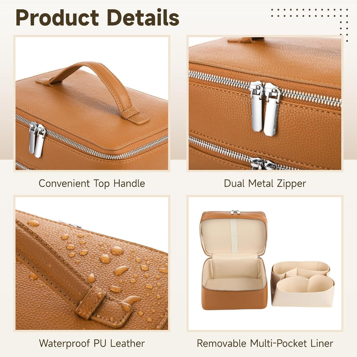 Makeup Vanity Bag for Women - Large Capacity Cosmetic Organizer with Removable Liner, Waterproof PU Leather Skincare Bag, Portable Chic Cosmetic Make Up Case for Skincare, Accessories,StyleB, Brown