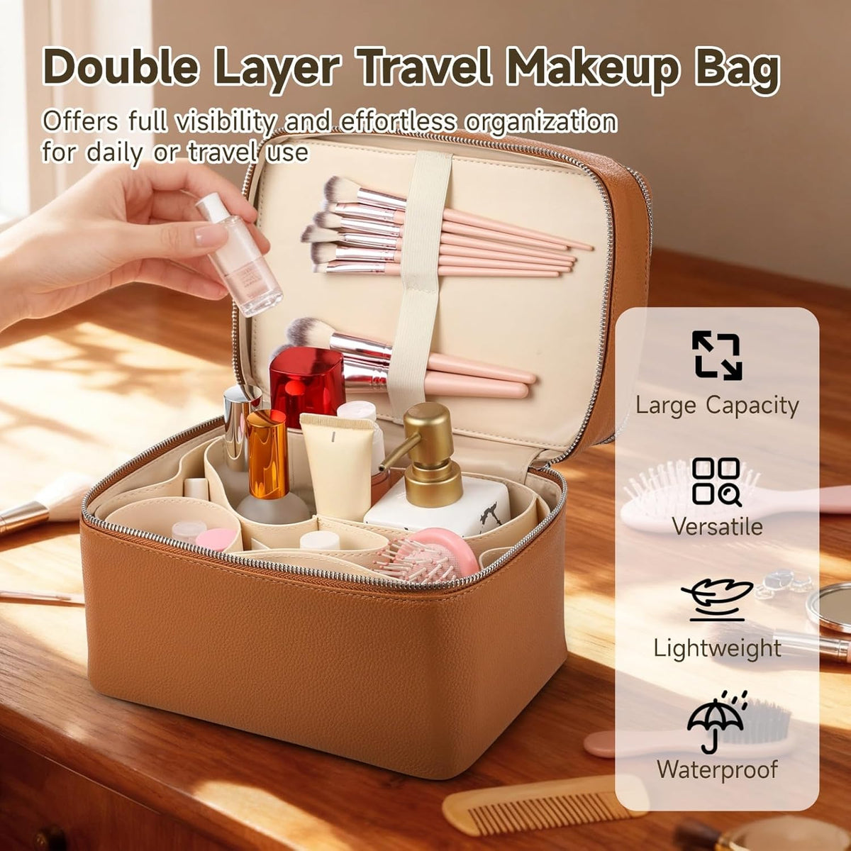 Makeup Vanity Bag for Women - Large Capacity Cosmetic Organizer with Removable Liner, Waterproof PU Leather Skincare Bag, Portable Chic Cosmetic Make Up Case for Skincare, Accessories,StyleB, Brown