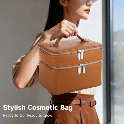 Makeup Vanity Bag for Women - Large Capacity Cosmetic Organizer with Removable Liner, Waterproof PU Leather Skincare Bag, Portable Chic Cosmetic Make Up Case for Skincare, Accessories,StyleB, Brown
