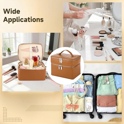 Makeup Vanity Bag for Women - Large Capacity Cosmetic Organizer with Removable Liner, Waterproof PU Leather Skincare Bag, Portable Chic Cosmetic Make Up Case for Skincare, Accessories,StyleB, Brown