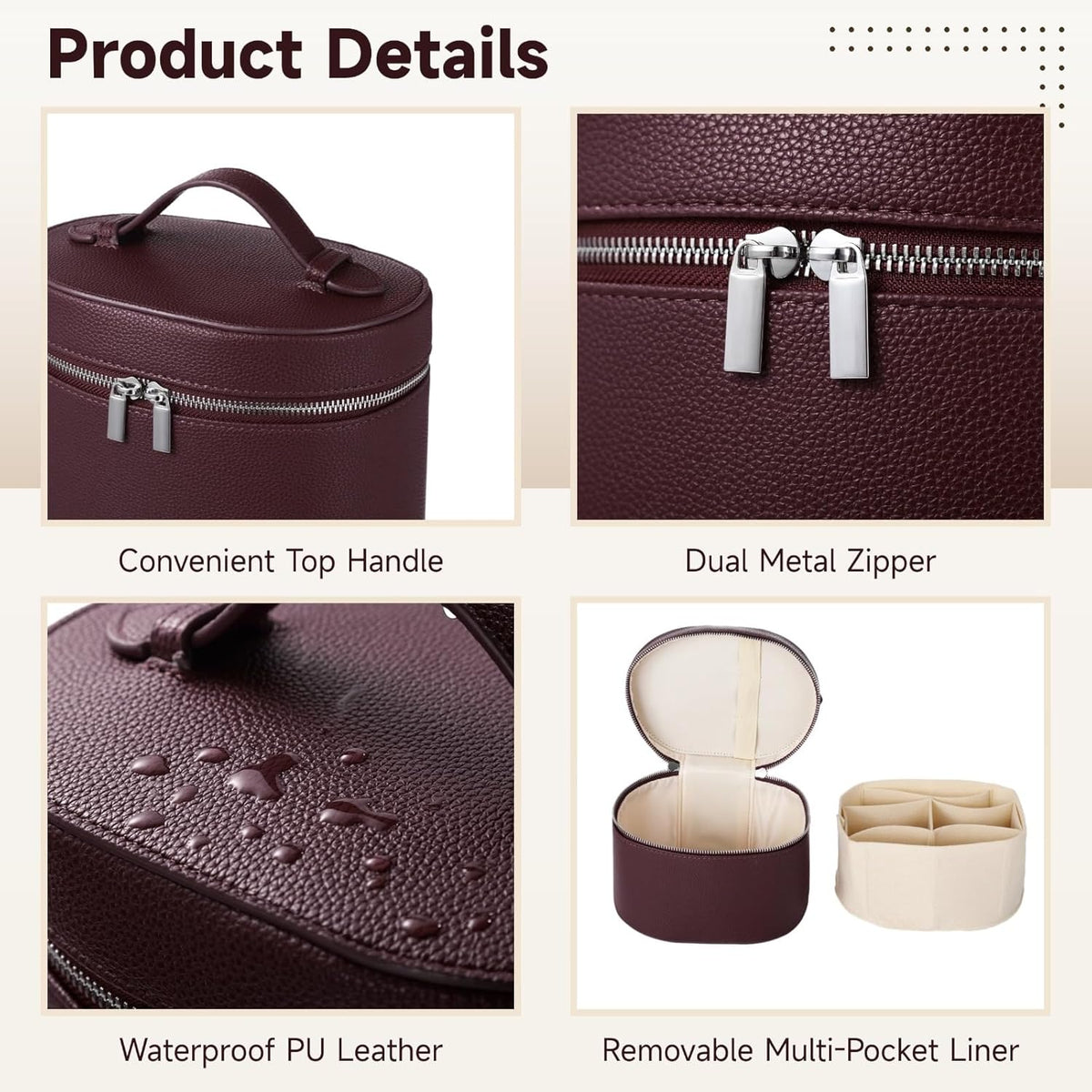 Makeup Vanity Bag for Women - Large Capacity Cosmetic Organizer with Removable Liner, Waterproof PU Leather Skincare Bag, Portable Chic Cosmetic Make Up Case for Skincare, Accessories,StyleB, Brown
