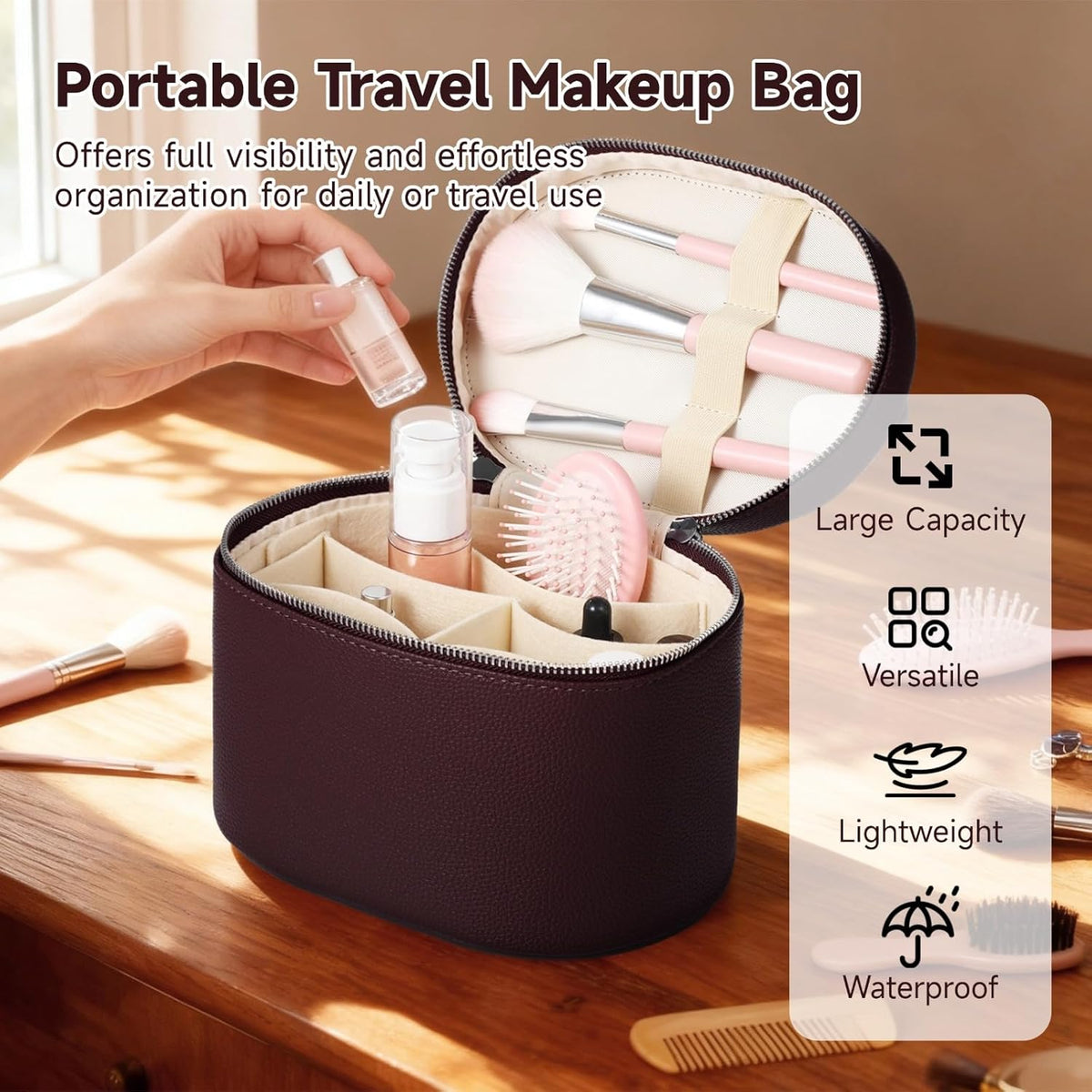 Makeup Vanity Bag for Women - Large Capacity Cosmetic Organizer with Removable Liner, Waterproof PU Leather Skincare Bag, Portable Chic Cosmetic Make Up Case for Skincare, Accessories,StyleB, Brown