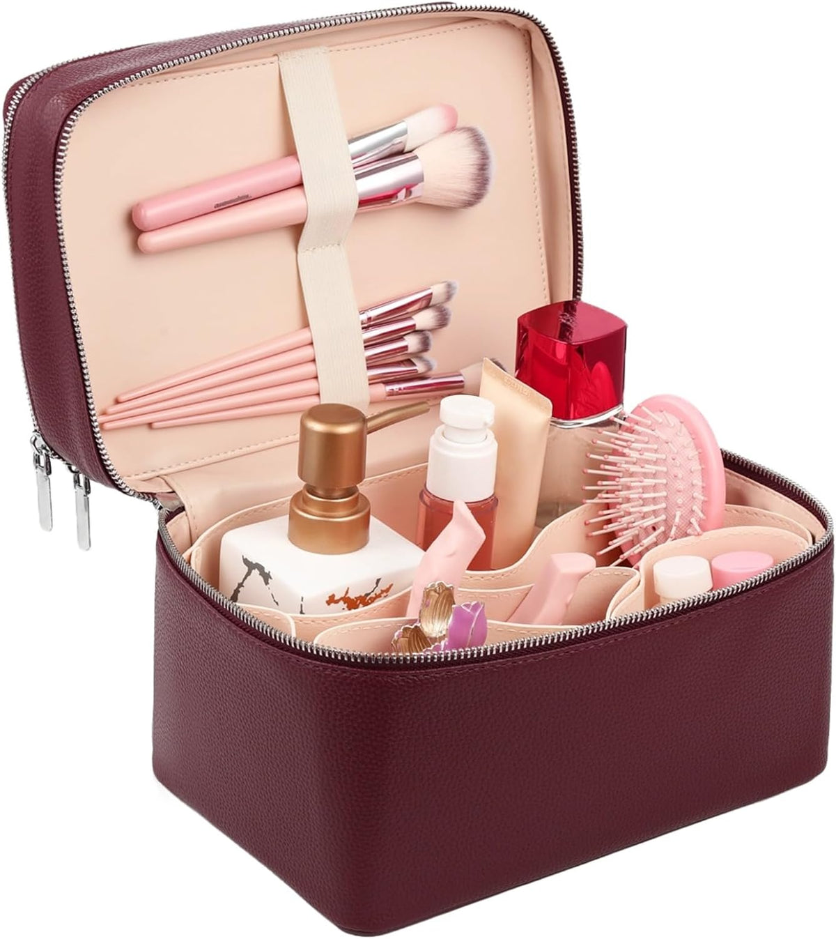 Makeup Vanity Bag for Women - Large Capacity Cosmetic Organizer with Removable Liner, Waterproof PU Leather Skincare Bag, Portable Chic Cosmetic Make Up Case for Skincare, Accessories,StyleB, Brown