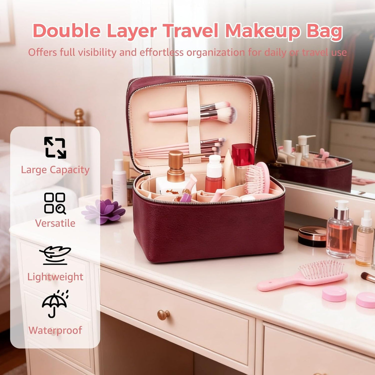 Makeup Vanity Bag for Women - Large Capacity Cosmetic Organizer with Removable Liner, Waterproof PU Leather Skincare Bag, Portable Chic Cosmetic Make Up Case for Skincare, Accessories,StyleB, Brown