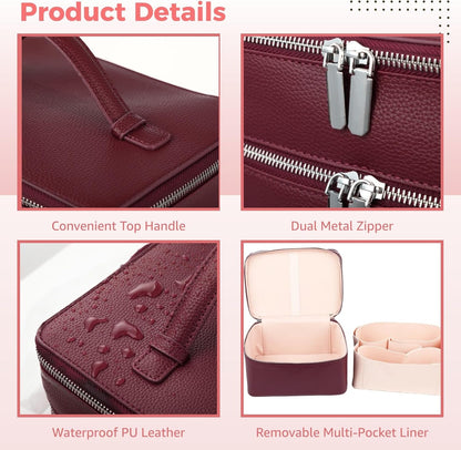 Makeup Vanity Bag for Women - Large Capacity Cosmetic Organizer with Removable Liner, Waterproof PU Leather Skincare Bag, Portable Chic Cosmetic Make Up Case for Skincare, Accessories,StyleB, Brown