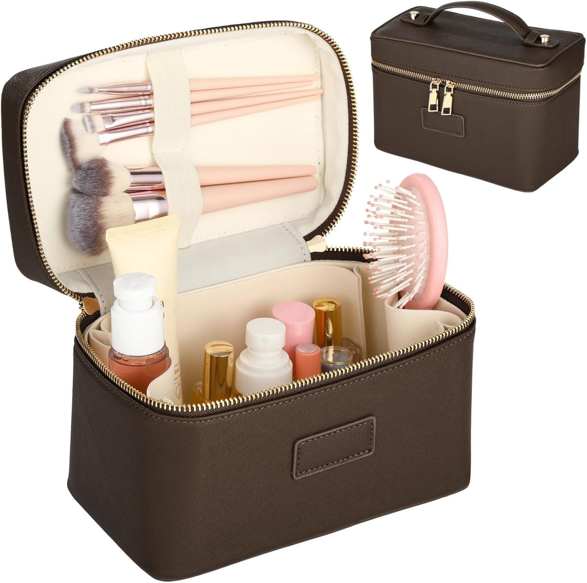 Makeup Vanity Bag for Women - Large Capacity Cosmetic Organizer with Removable Liner, Waterproof PU Leather Skincare Bag, Portable Chic Cosmetic Make Up Case for Skincare, Accessories,StyleB, Brown