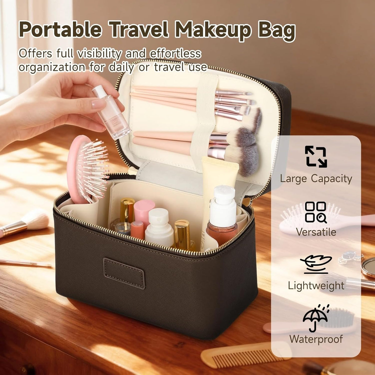 Makeup Vanity Bag for Women - Large Capacity Cosmetic Organizer with Removable Liner, Waterproof PU Leather Skincare Bag, Portable Chic Cosmetic Make Up Case for Skincare, Accessories,StyleB, Brown