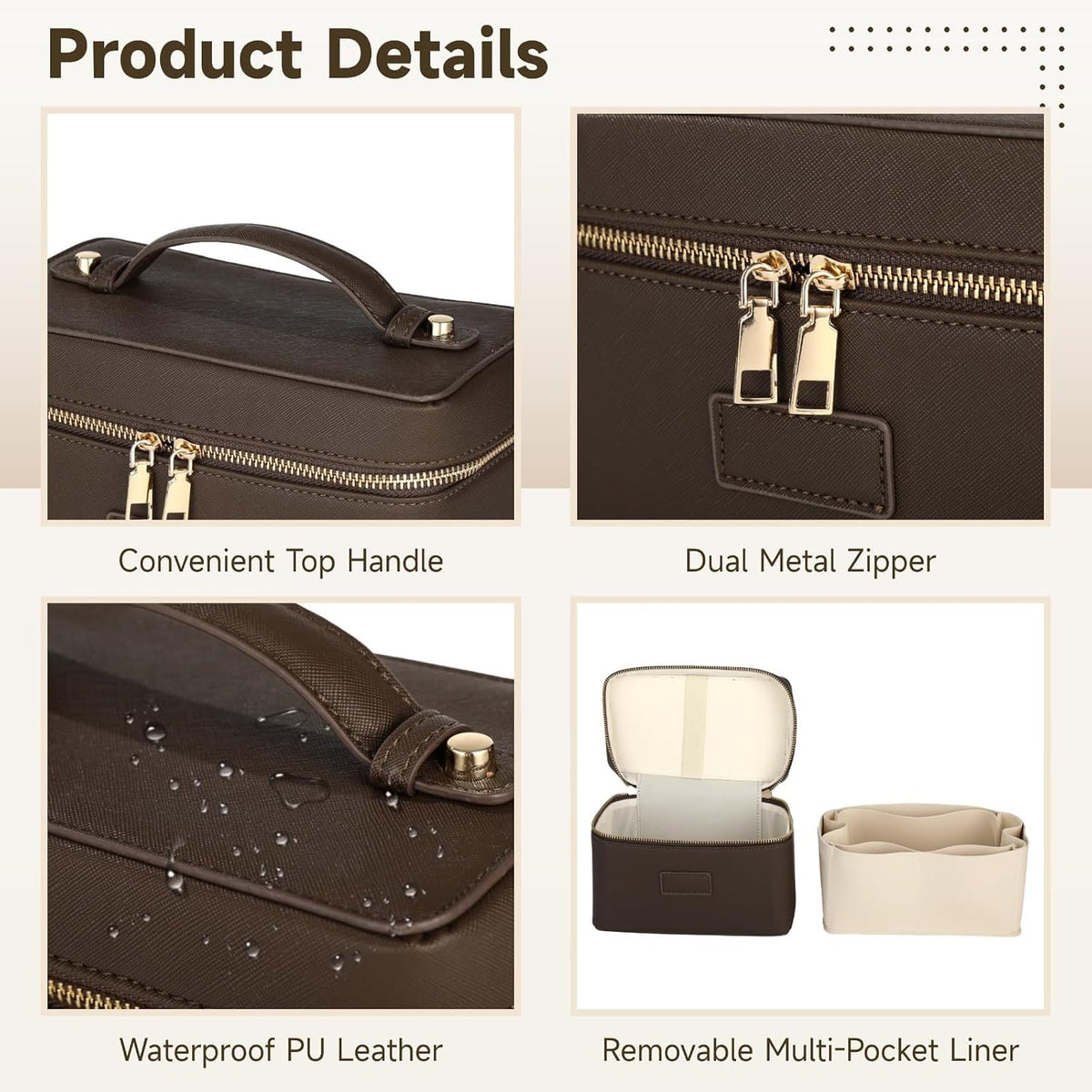 Makeup Vanity Bag for Women - Large Capacity Cosmetic Organizer with Removable Liner, Waterproof PU Leather Skincare Bag, Portable Chic Cosmetic Make Up Case for Skincare, Accessories,StyleB, Brown