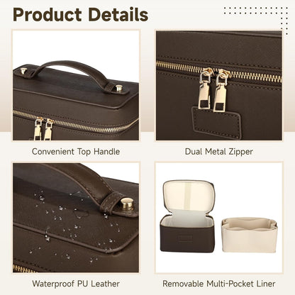 Makeup Vanity Bag for Women - Large Capacity Cosmetic Organizer with Removable Liner, Waterproof PU Leather Skincare Bag, Portable Chic Cosmetic Make Up Case for Skincare, Accessories,StyleB, Brown