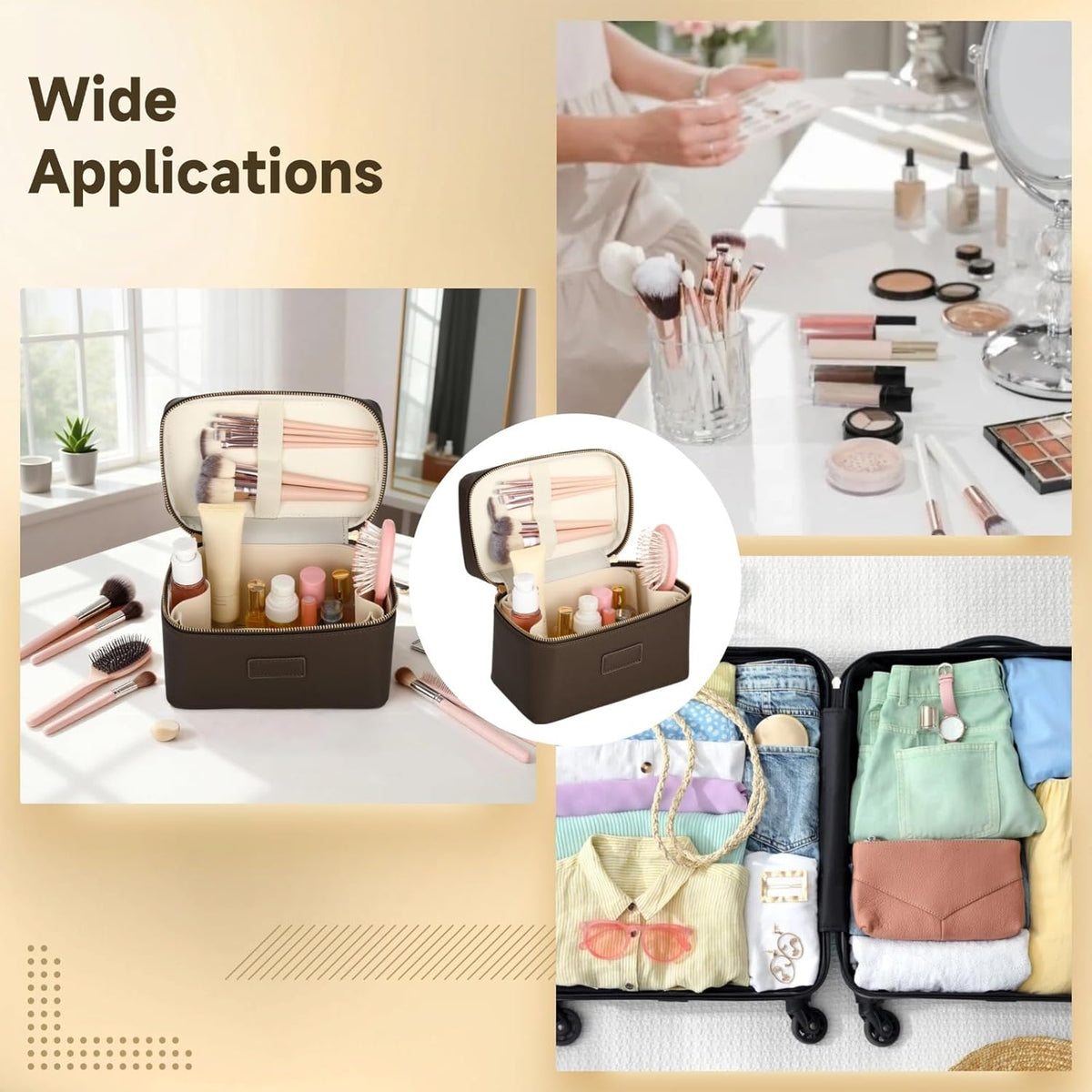Makeup Vanity Bag for Women - Large Capacity Cosmetic Organizer with Removable Liner, Waterproof PU Leather Skincare Bag, Portable Chic Cosmetic Make Up Case for Skincare, Accessories,StyleB, Brown