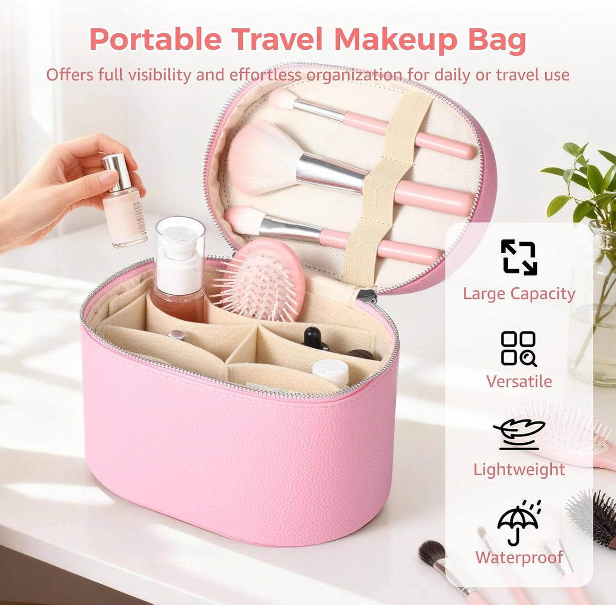 Makeup Vanity Bag for Women - Large Capacity Cosmetic Organizer with Removable Liner, Waterproof PU Leather Skincare Bag, Portable Chic Cosmetic Make Up Case for Skincare, Accessories,StyleB, Brown