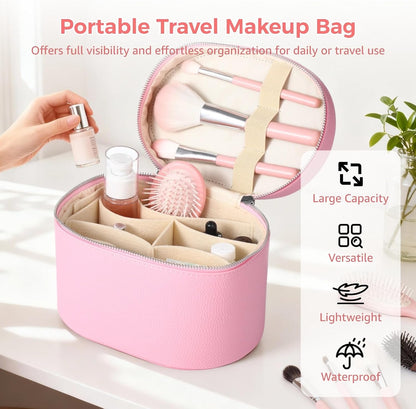 Makeup Vanity Bag for Women - Large Capacity Cosmetic Organizer with Removable Liner, Waterproof PU Leather Skincare Bag, Portable Chic Cosmetic Make Up Case for Skincare, Accessories,StyleB, Brown