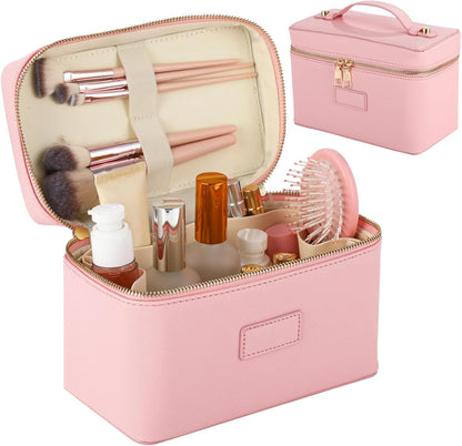 Makeup Vanity Bag for Women - Large Capacity Cosmetic Organizer with Removable Liner, Waterproof PU Leather Skincare Bag, Portable Chic Cosmetic Make Up Case for Skincare, Accessories,StyleB, Brown