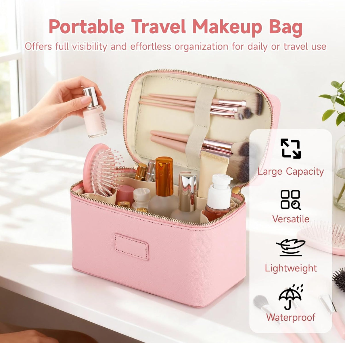 Makeup Vanity Bag for Women - Large Capacity Cosmetic Organizer with Removable Liner, Waterproof PU Leather Skincare Bag, Portable Chic Cosmetic Make Up Case for Skincare, Accessories,StyleB, Brown