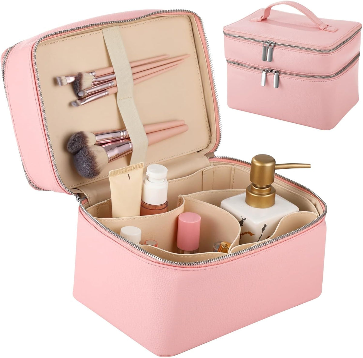 Makeup Vanity Bag for Women - Large Capacity Cosmetic Organizer with Removable Liner, Waterproof PU Leather Skincare Bag, Portable Chic Cosmetic Make Up Case for Skincare, Accessories,StyleB, Brown