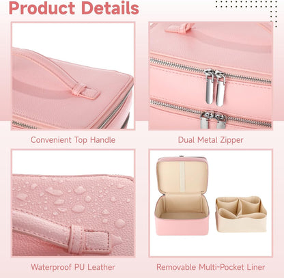 Makeup Vanity Bag for Women - Large Capacity Cosmetic Organizer with Removable Liner, Waterproof PU Leather Skincare Bag, Portable Chic Cosmetic Make Up Case for Skincare, Accessories,StyleB, Brown