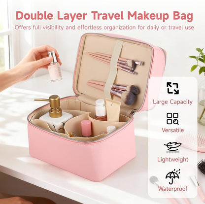 Makeup Vanity Bag for Women - Large Capacity Cosmetic Organizer with Removable Liner, Waterproof PU Leather Skincare Bag, Portable Chic Cosmetic Make Up Case for Skincare, Accessories,StyleB, Brown