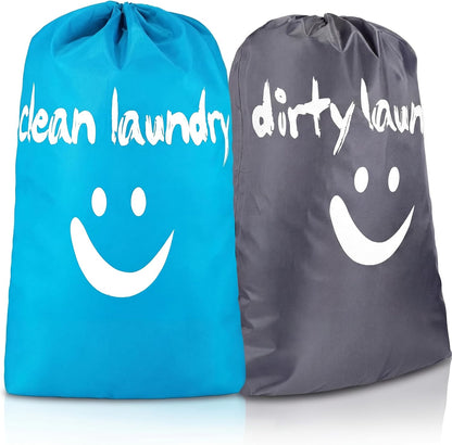 2 Pcs XL Clean Laundry Bags Nylon Travel Laundry Bag with Drawstring Machine Washable Dirty Clothes Organizer Bag Storage Bags for Hamper or Basket, 23.6 x 17.7 Inch(Gray, Blue)