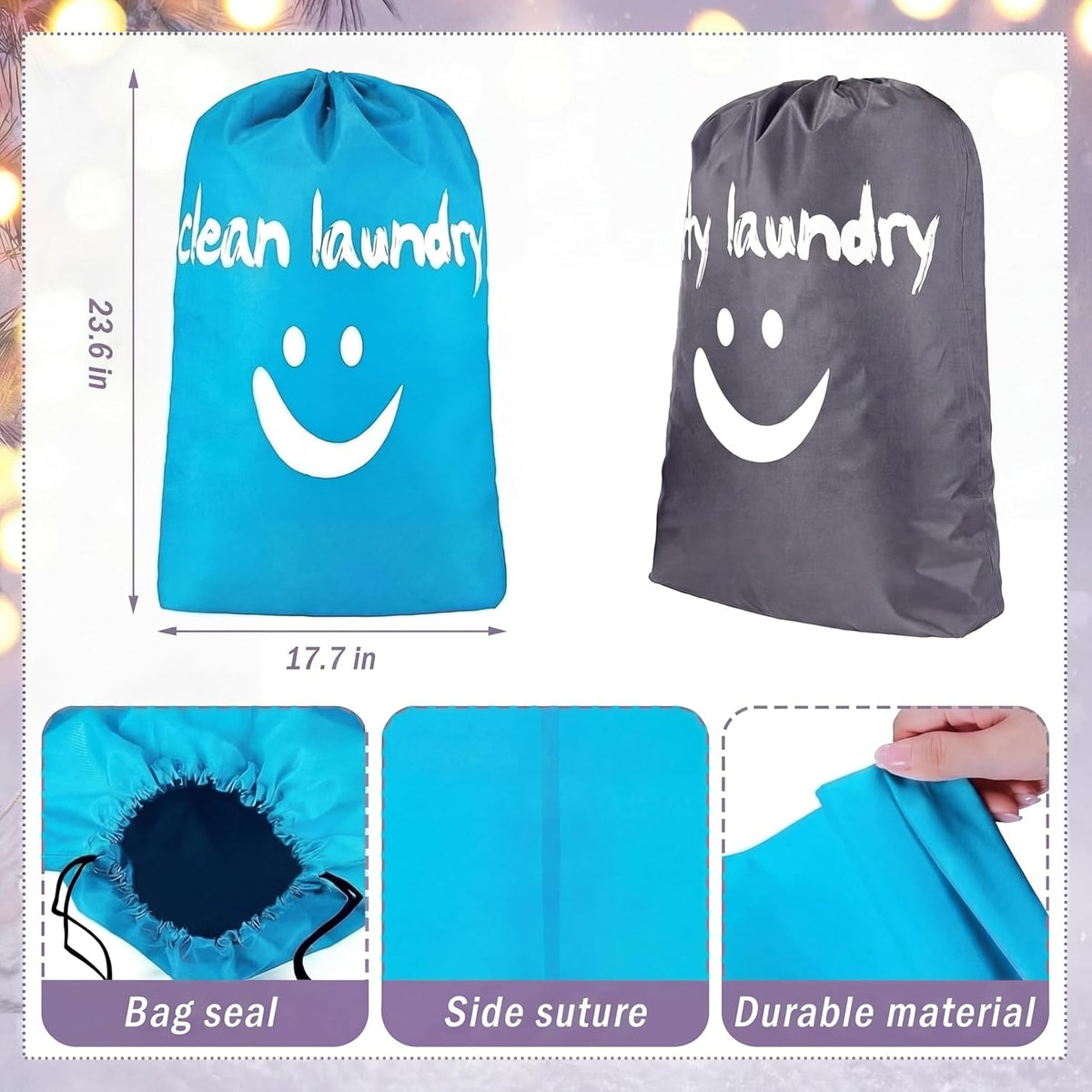 2 Pcs XL Clean Laundry Bags Nylon Travel Laundry Bag with Drawstring Machine Washable Dirty Clothes Organizer Bag Storage Bags for Hamper or Basket, 23.6 x 17.7 Inch(Gray, Blue)